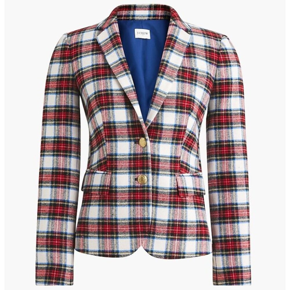 J‎ Crew Blazer Women 24 Red Cream Tartan Plaid Crest Preppy Old Money Holiday
